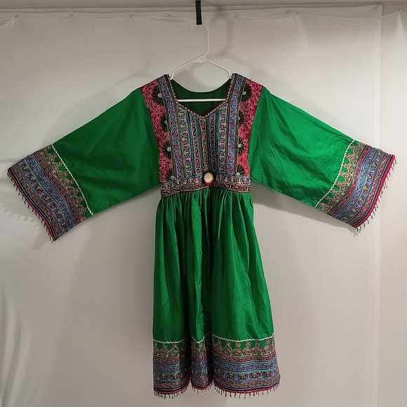 Women's Medium Green Long Sleeve Afghan Dress W/Pants & Scarf - Picture 1 of 16